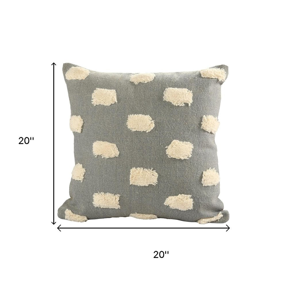 20" Gray And Cream Polka Dot Cotton Throw Pillow Cover with Tufts