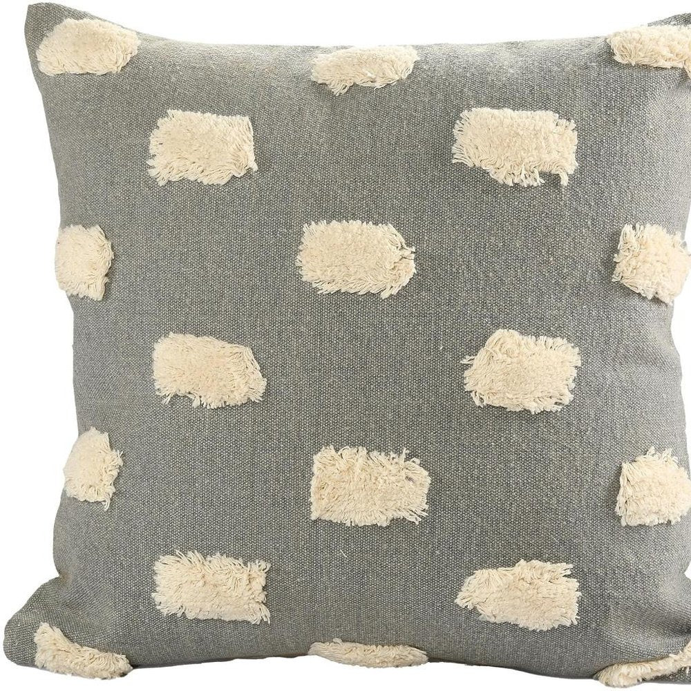 20" Gray And Cream Polka Dot Cotton Throw Pillow Cover with Tufts