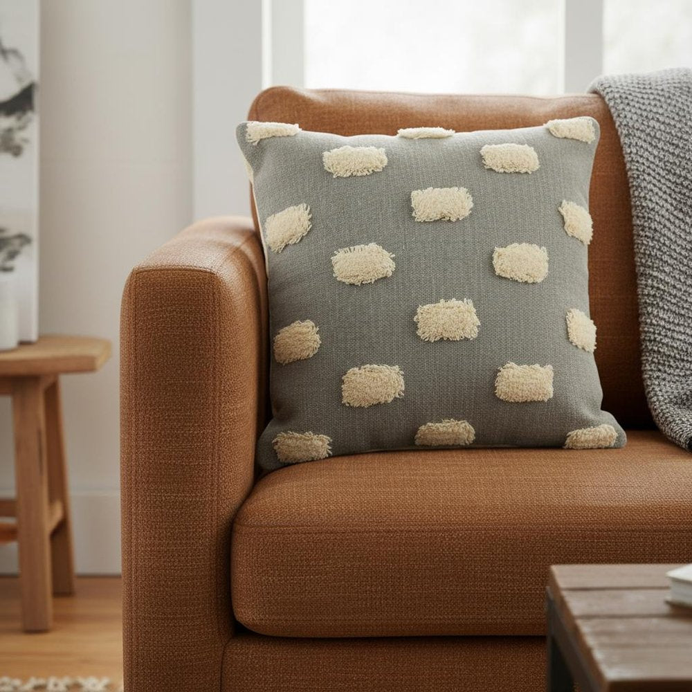 20" Gray And Cream Polka Dot Cotton Throw Pillow Cover with Tufts