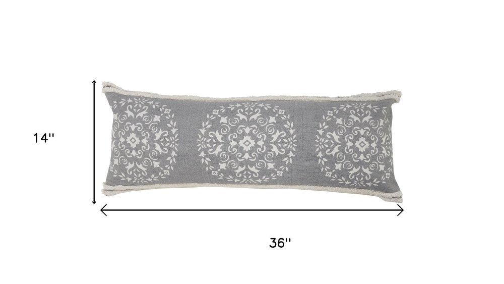 14" X 36" Gray And White Lumbar Medallion Cotton Throw Pillow Cover with Texture