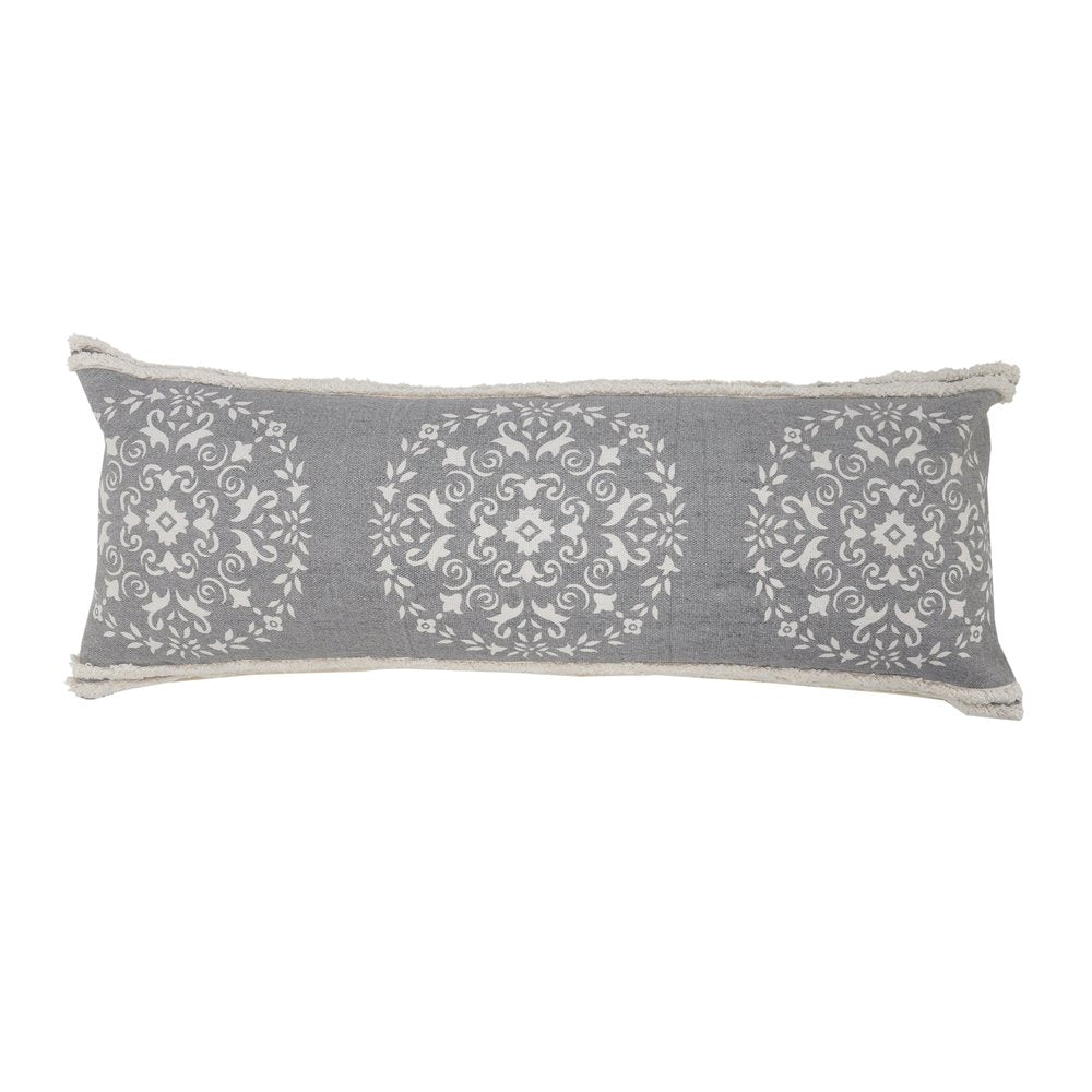 14" X 36" Gray And White Lumbar Medallion Cotton Throw Pillow Cover with Texture