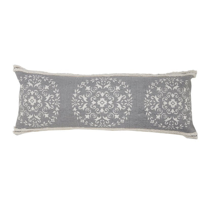 14" X 36" Gray And White Lumbar Medallion Cotton Throw Pillow Cover with Texture