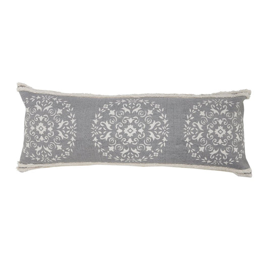14" X 36" Gray And White Lumbar Medallion Cotton Throw Pillow Cover