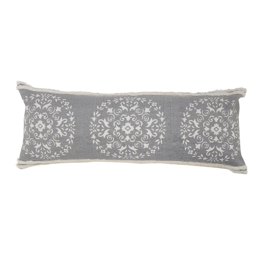14" X 36" Gray And White Lumbar Medallion Cotton Throw Pillow Cover with Texture