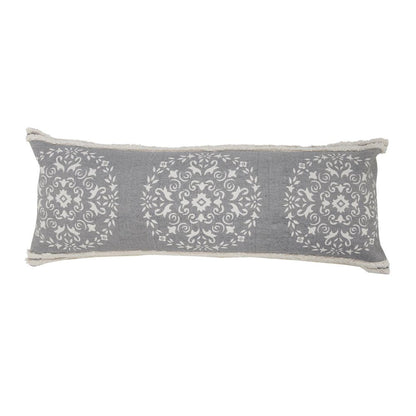 14" X 36" Gray And White Lumbar Medallion Cotton Throw Pillow Cover with Texture