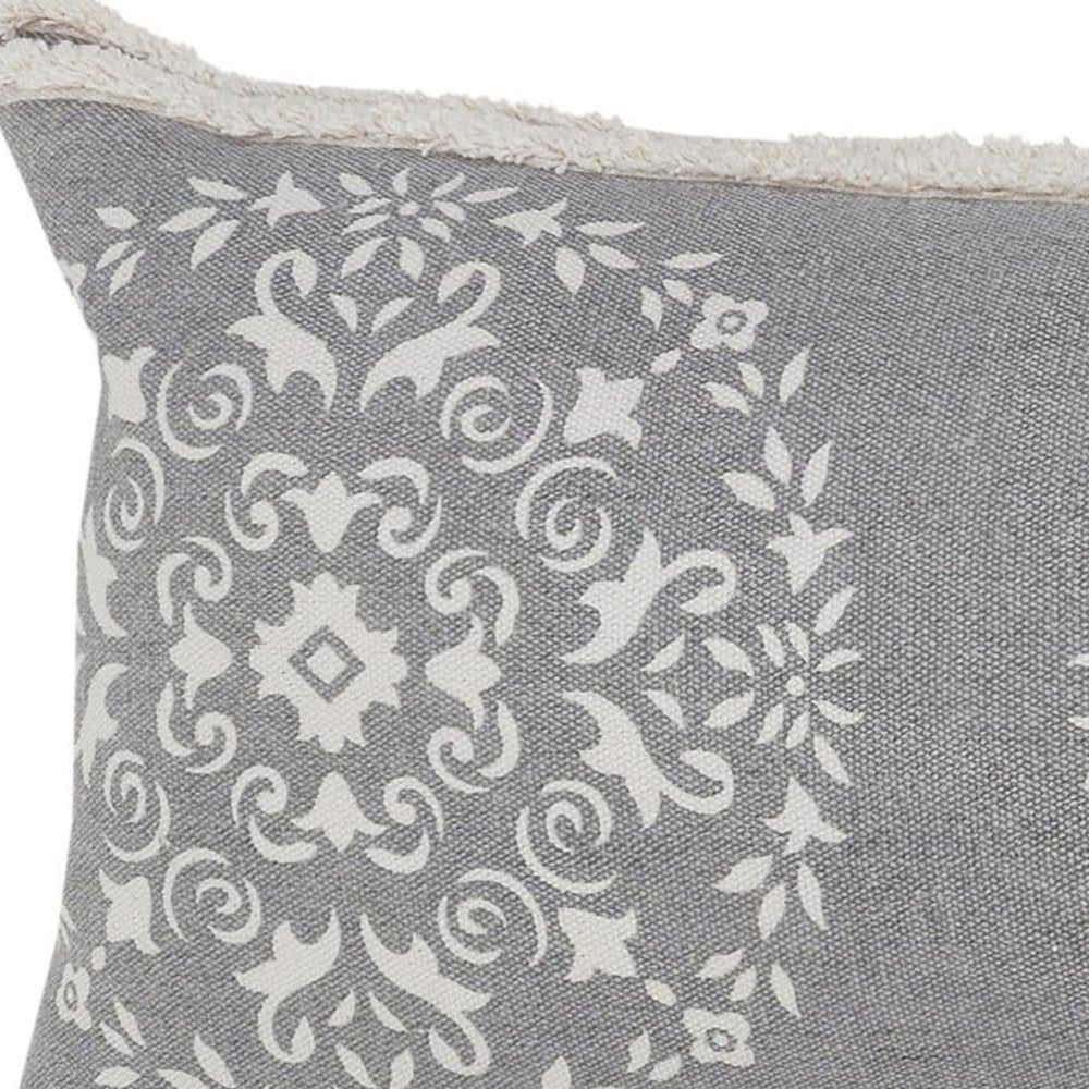 14" X 36" Gray And White Lumbar Medallion Cotton Throw Pillow Cover with Texture