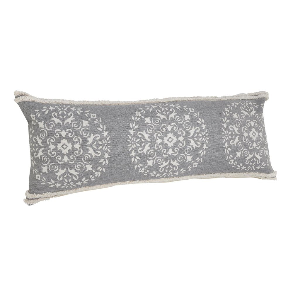 14" X 36" Gray And White Lumbar Medallion Cotton Throw Pillow Cover with Texture