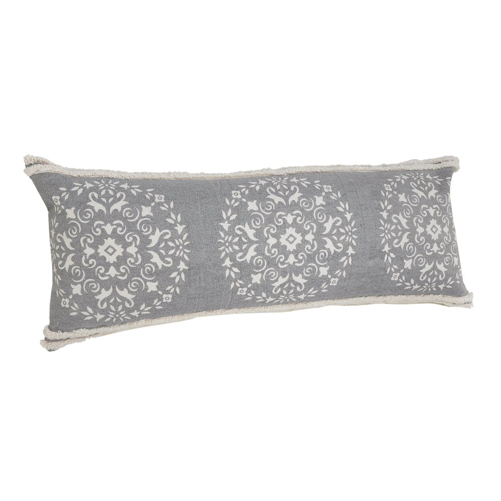 14" X 36" Gray And White Lumbar Medallion Cotton Throw Pillow Cover with Texture