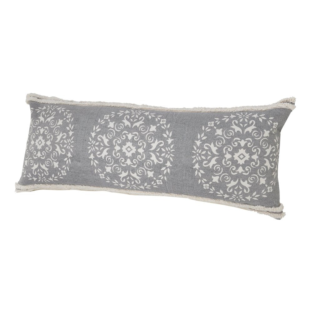 14" X 36" Gray And White Lumbar Medallion Cotton Throw Pillow Cover