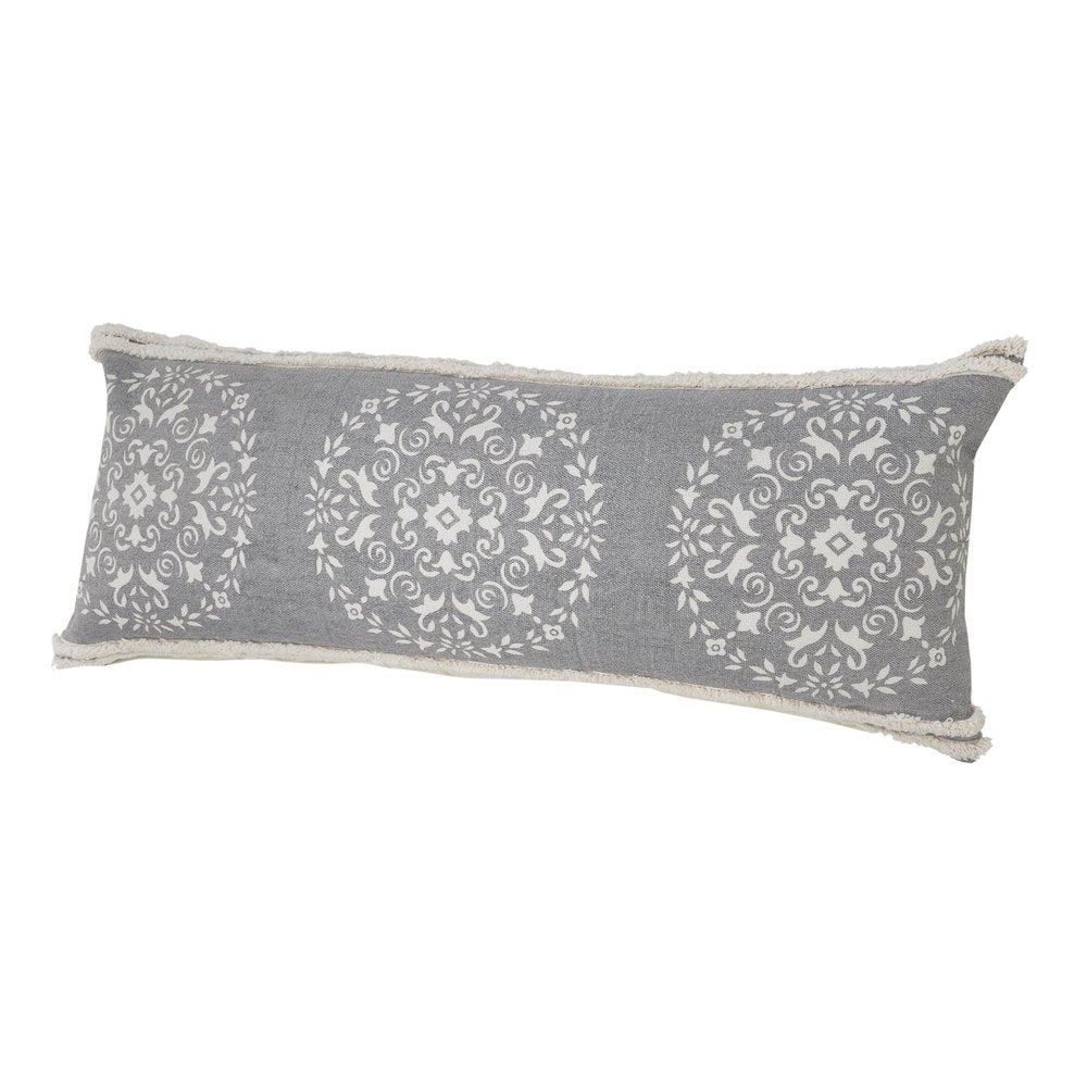 14" X 36" Gray And White Lumbar Medallion Cotton Throw Pillow Cover with Texture