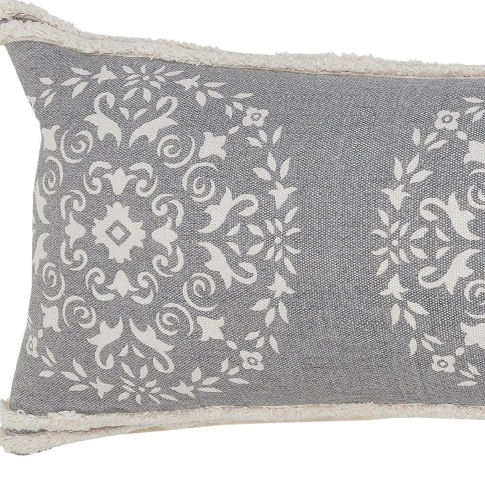 14" X 36" Gray And White Lumbar Medallion Cotton Throw Pillow Cover with Texture