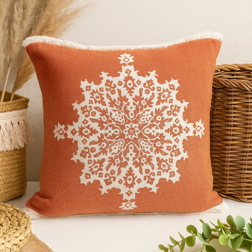 20" Orange And White Medallion Cotton Throw Pillow Cover