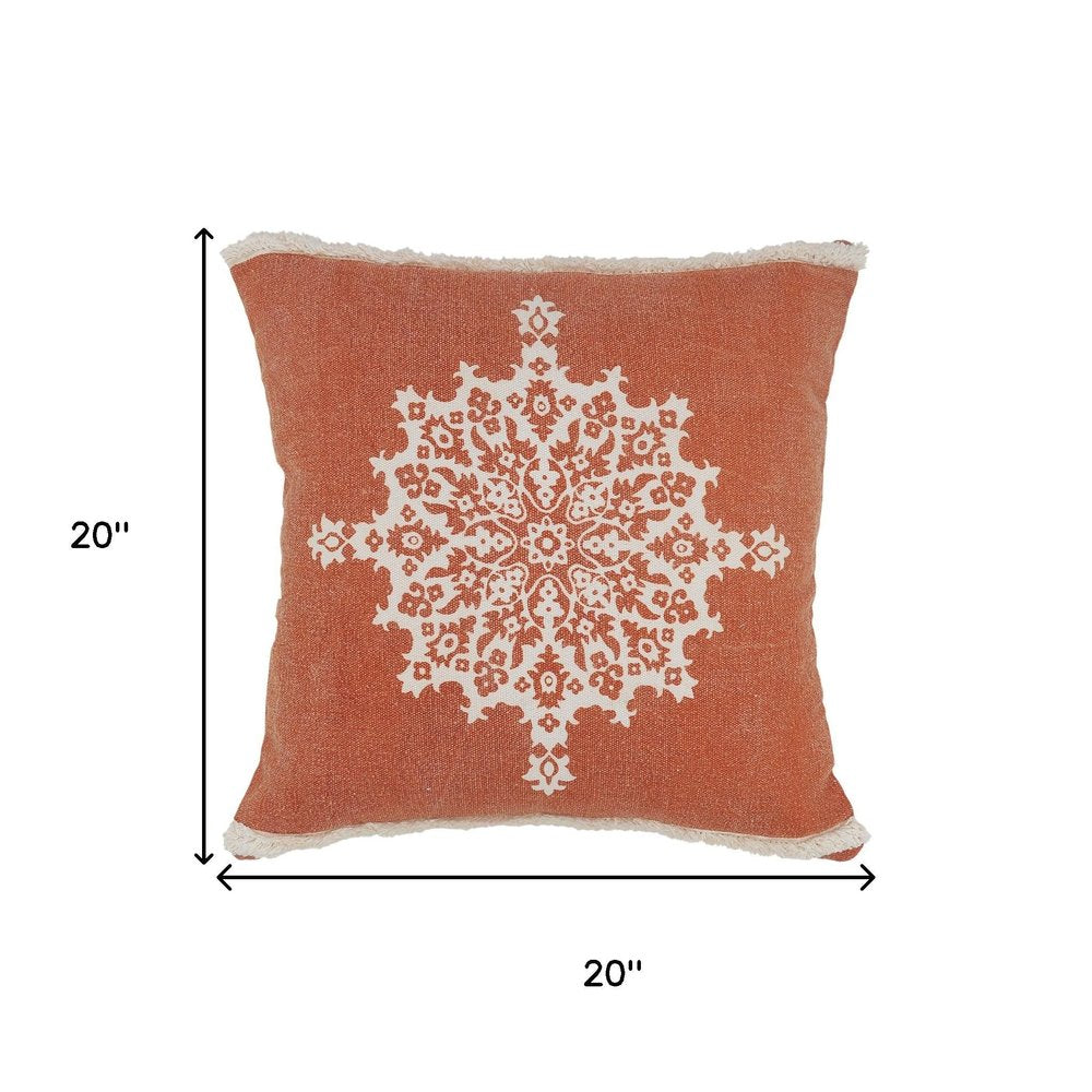 20" Orange And White Medallion Cotton Throw Pillow Cover