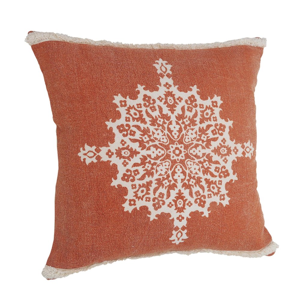 20" Orange And White Medallion Cotton Throw Pillow Cover with Texture