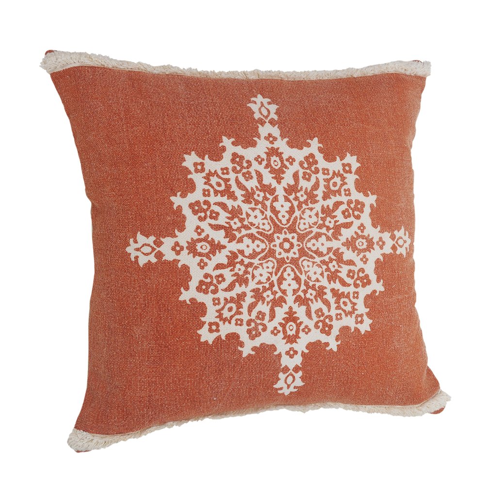 20" Orange And White Medallion Cotton Throw Pillow Cover with Texture