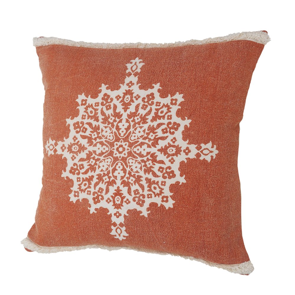 20" Orange And White Medallion Cotton Throw Pillow Cover