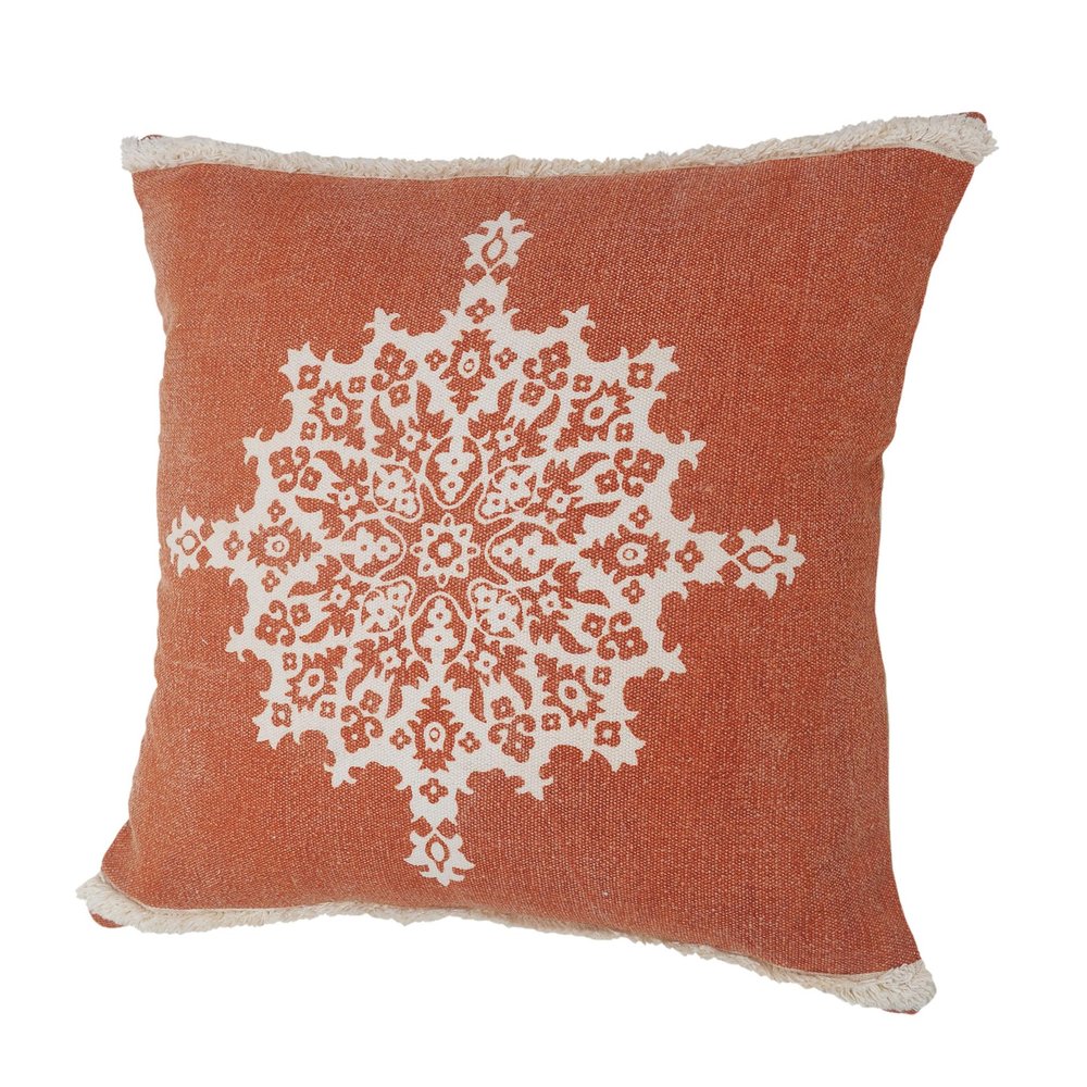 20" Orange And White Medallion Cotton Throw Pillow Cover with Texture