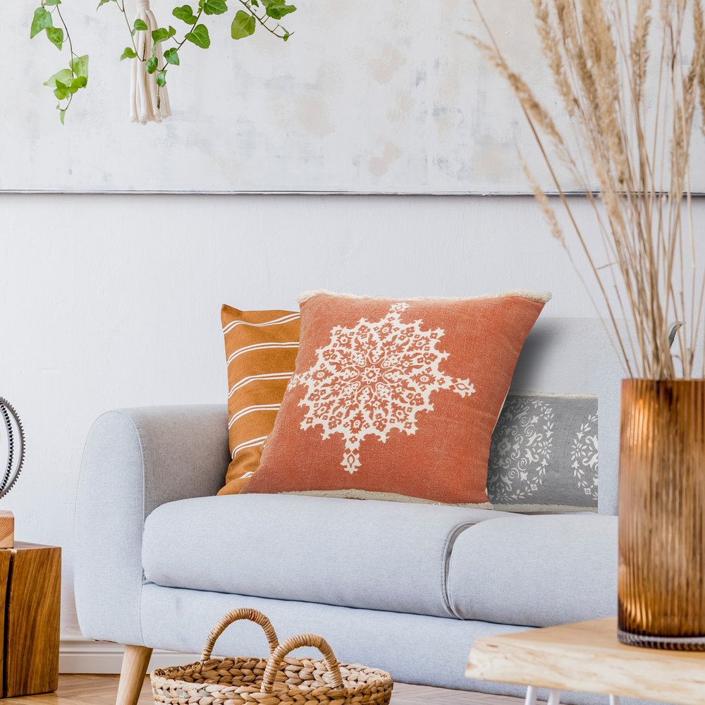 20" Orange And White Medallion Cotton Throw Pillow Cover