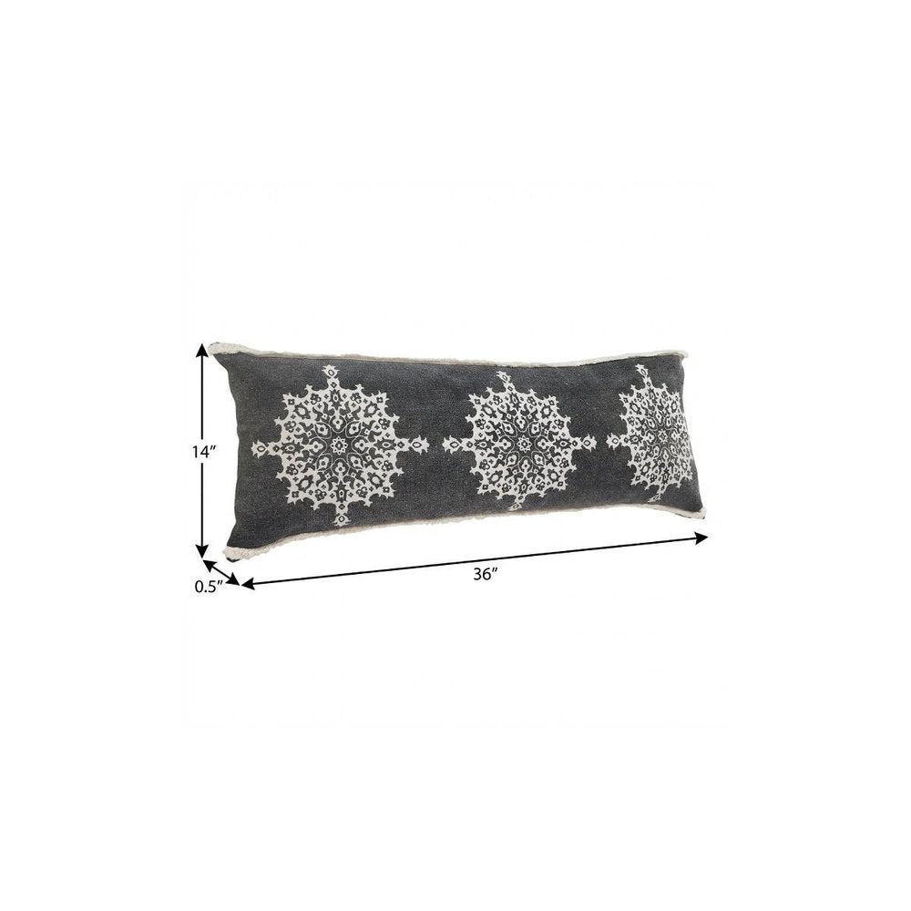14" X 36" Charcoal White And Cream Lumbar Medallion Cotton Throw Pillow Cover with Tufts
