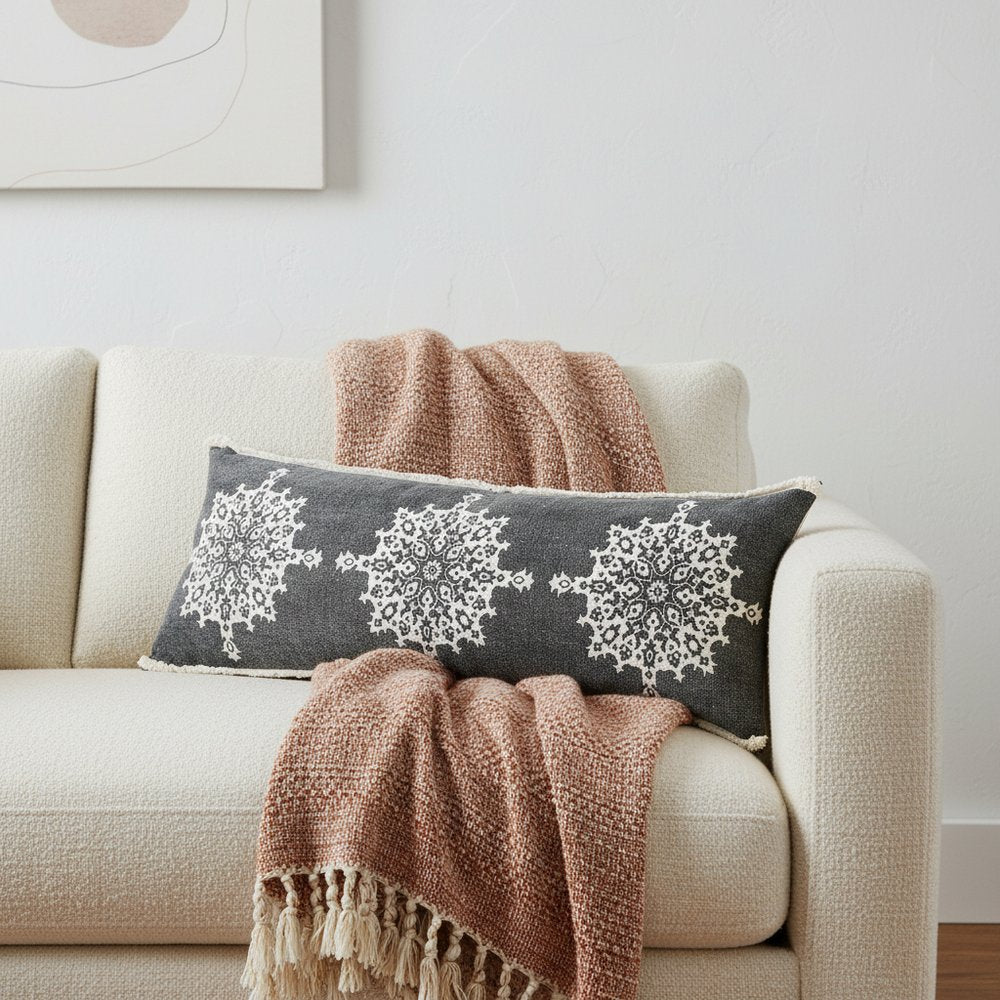 14" X 36" Charcoal White And Cream Lumbar Medallion Cotton Throw Pillow Cover with Tufts