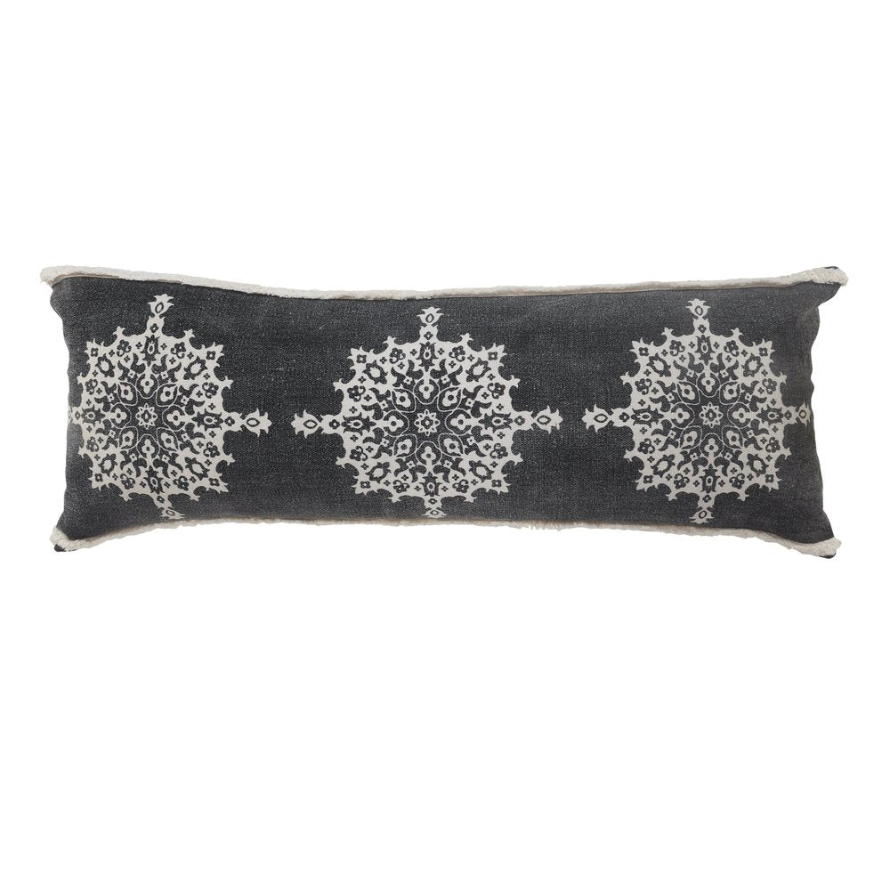 14" X 36" Charcoal White And Cream Lumbar Medallion Cotton Throw Pillow Cover with Tufts