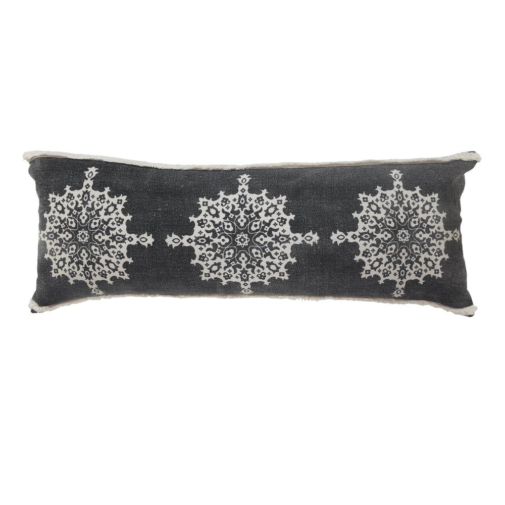 14" X 36" Charcoal White And Cream Lumbar Medallion Cotton Throw Pillow Cover with Tufts