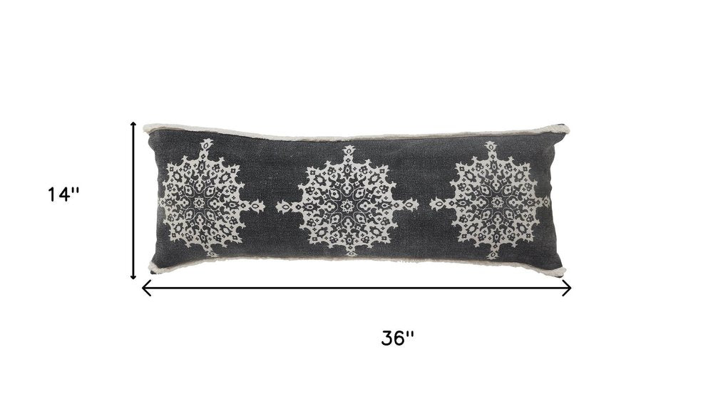 14" X 36" Gray And White Lumbar Medallion Cotton Throw Pillow Cover