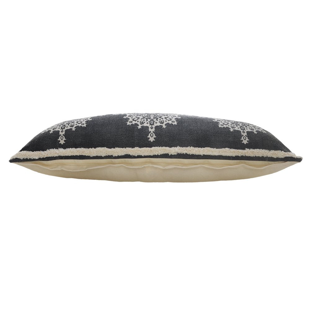 14" X 36" Charcoal White And Cream Lumbar Medallion Cotton Throw Pillow Cover with Tufts