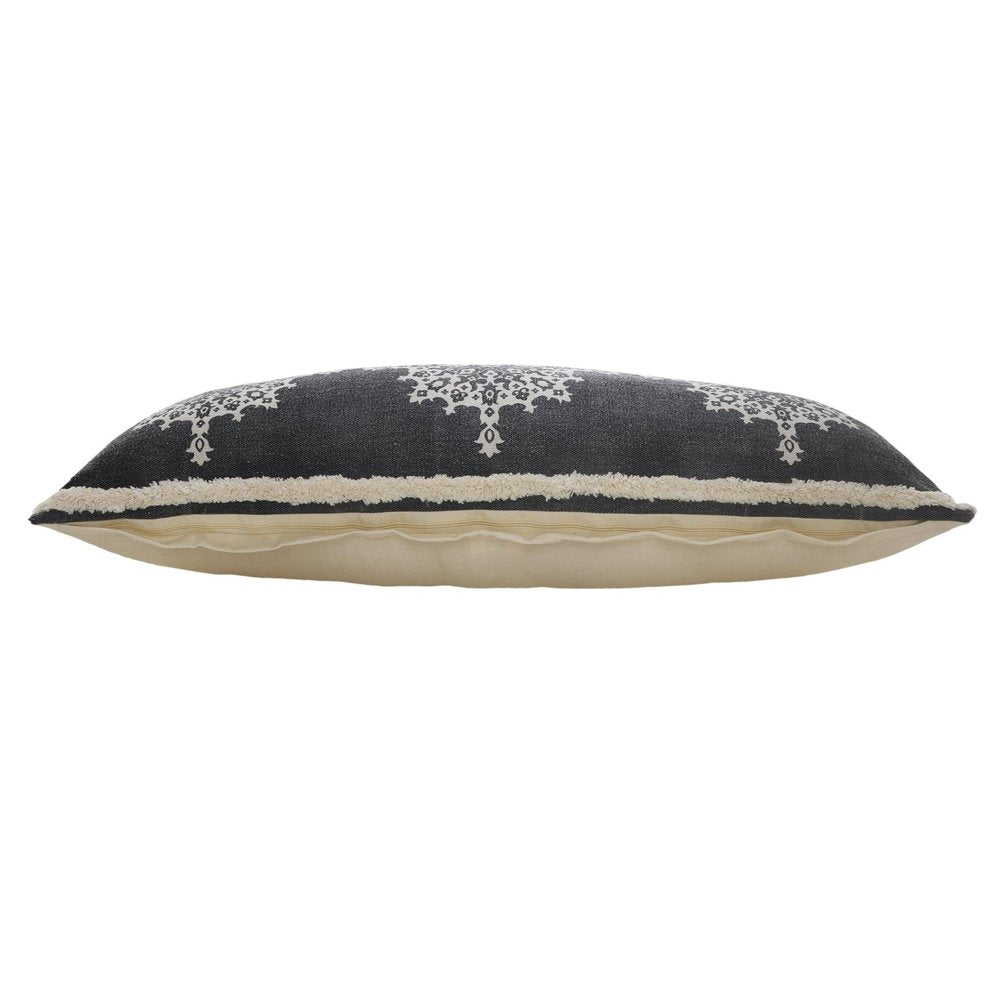 14" X 36" Charcoal White And Cream Lumbar Medallion Cotton Throw Pillow Cover with Tufts