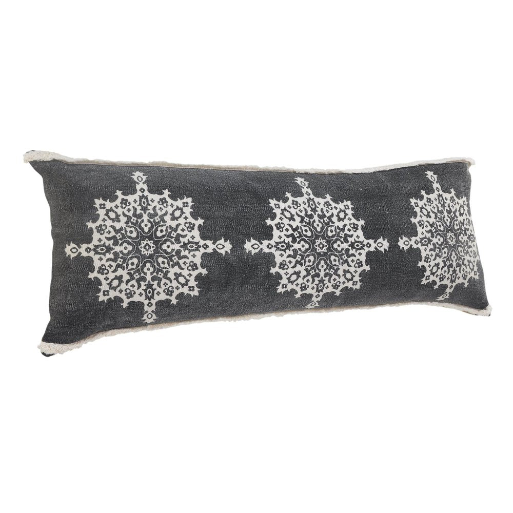 14" X 36" Charcoal White And Cream Lumbar Medallion Cotton Throw Pillow Cover with Tufts