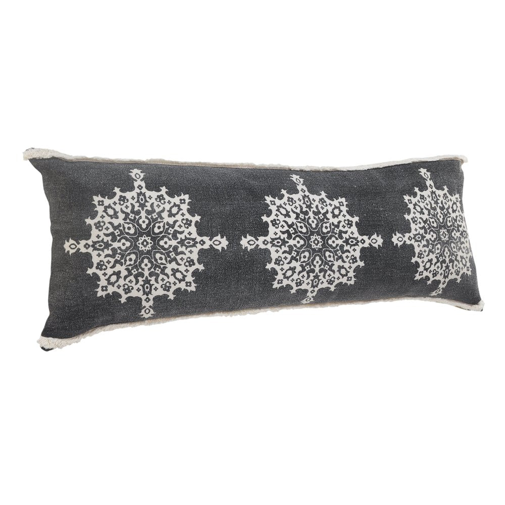14" X 36" Gray And White Lumbar Medallion Cotton Throw Pillow Cover