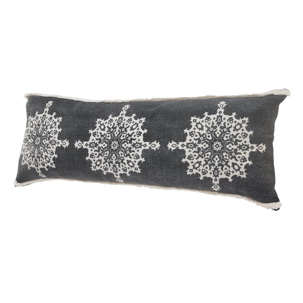 14" X 36" Gray And White Lumbar Medallion Cotton Throw Pillow Cover