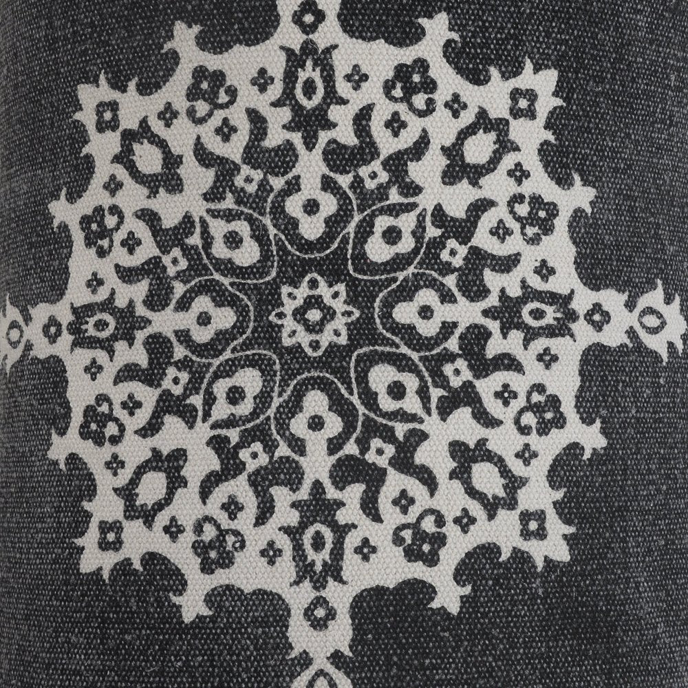 14" X 36" Charcoal White And Cream Lumbar Medallion Cotton Throw Pillow Cover with Tufts