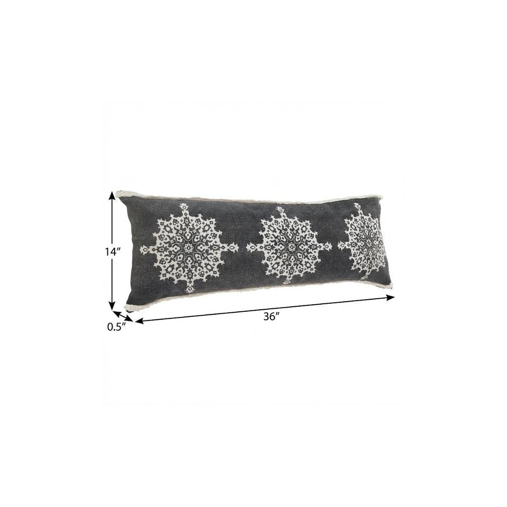 14" X 36" Charcoal White And Cream Lumbar Medallion Cotton Throw Pillow Cover with Tufts