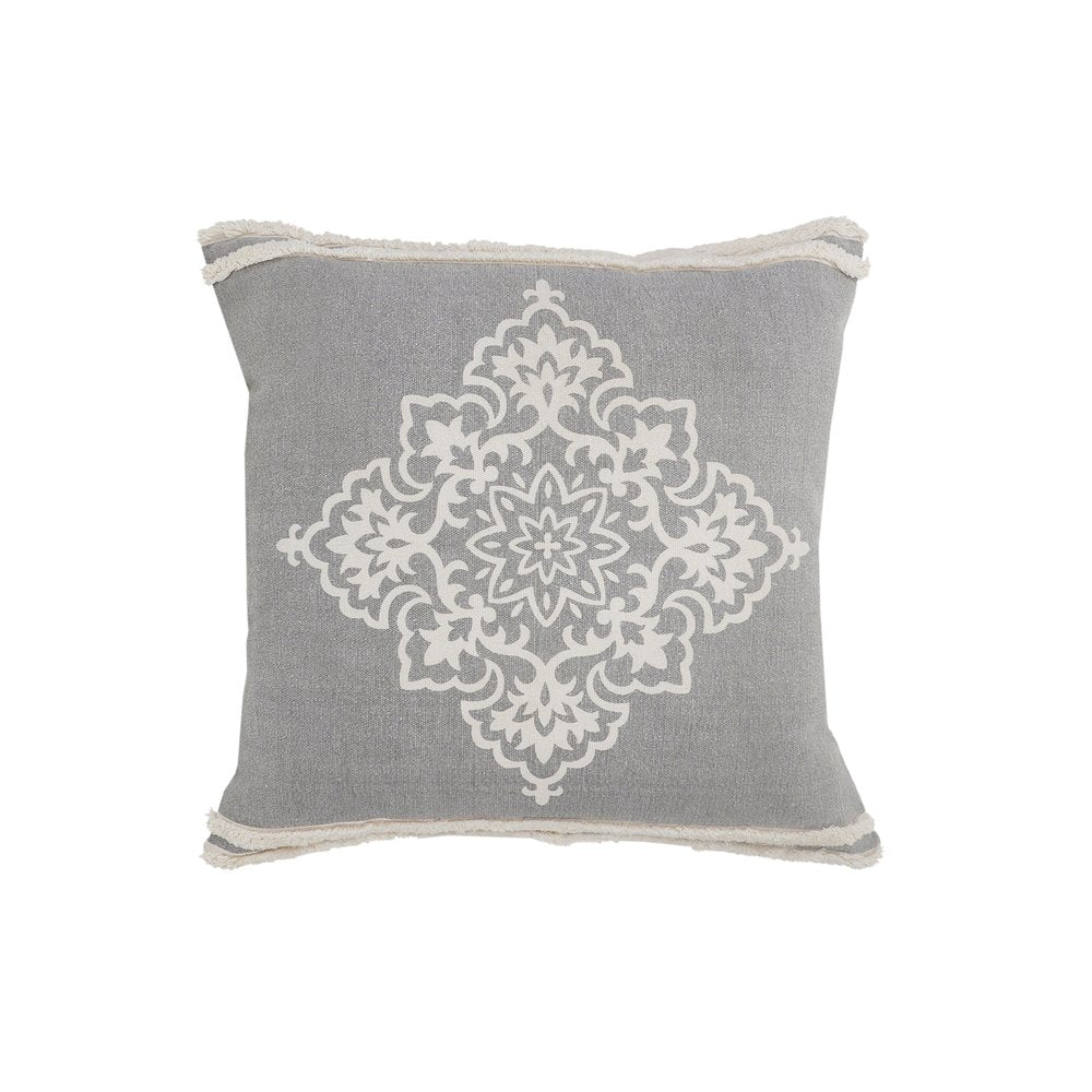 24" Gray And White Medallion Cotton Throw Pillow Cover with Texture