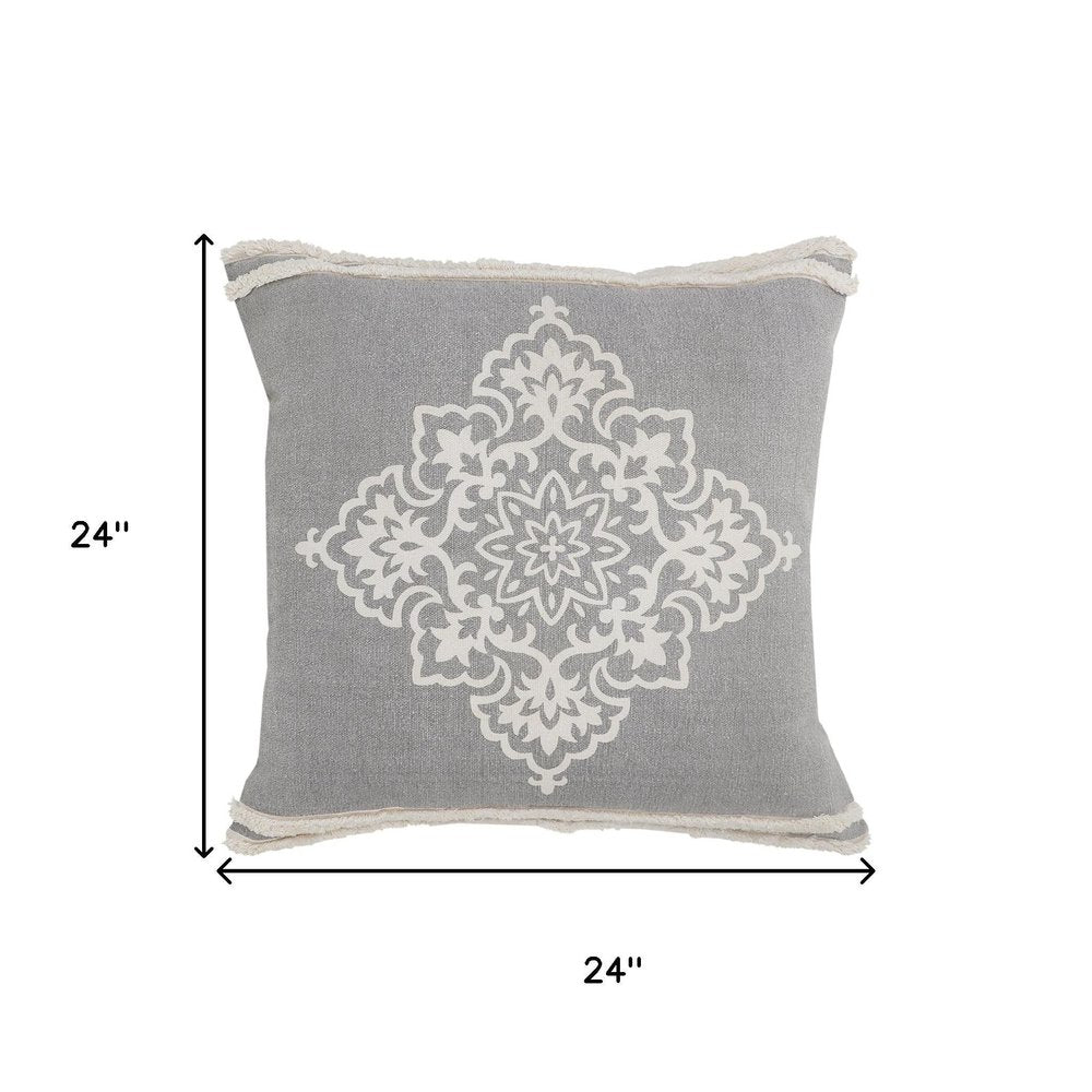 24" Gray And White Medallion Cotton Throw Pillow Cover with Texture