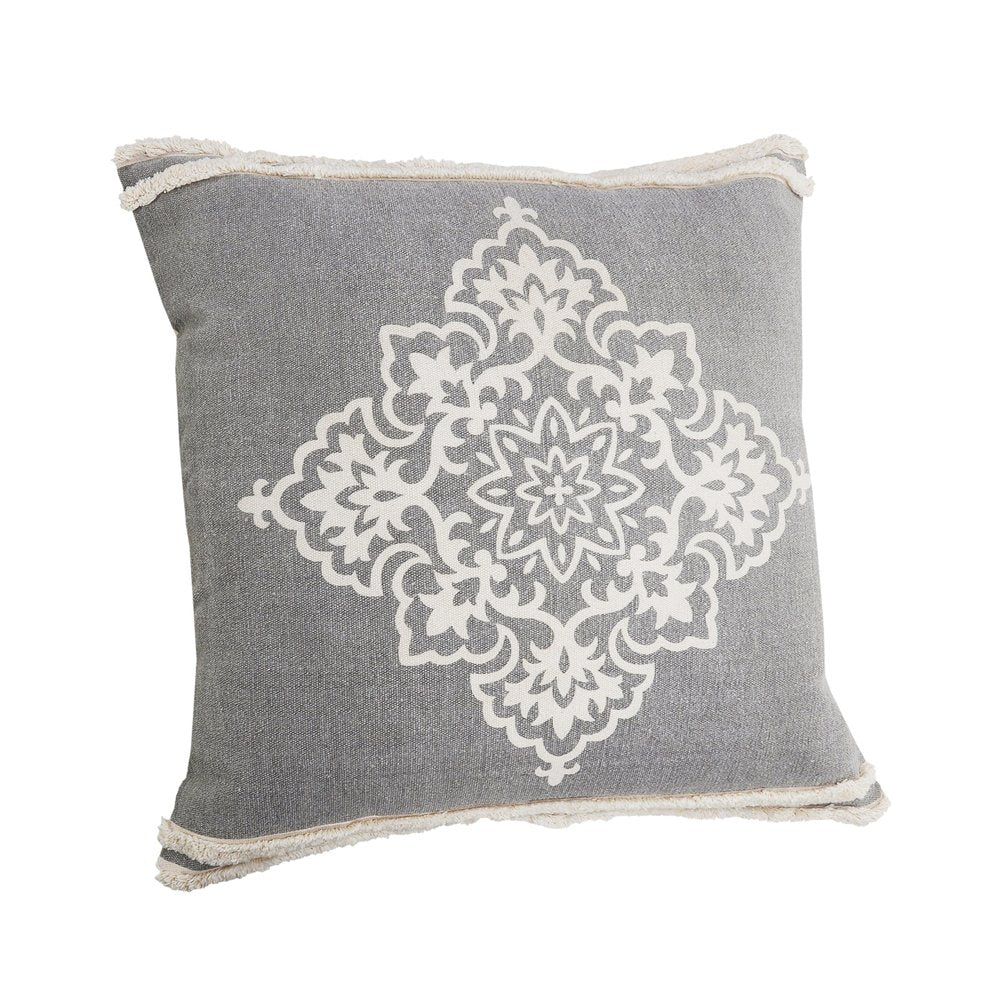 24" Gray And White Medallion Cotton Throw Pillow Cover