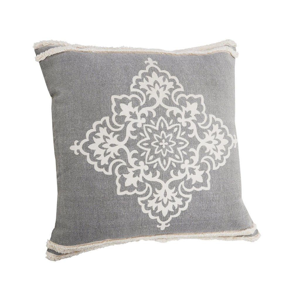 24" Gray And White Medallion Cotton Throw Pillow Cover with Texture
