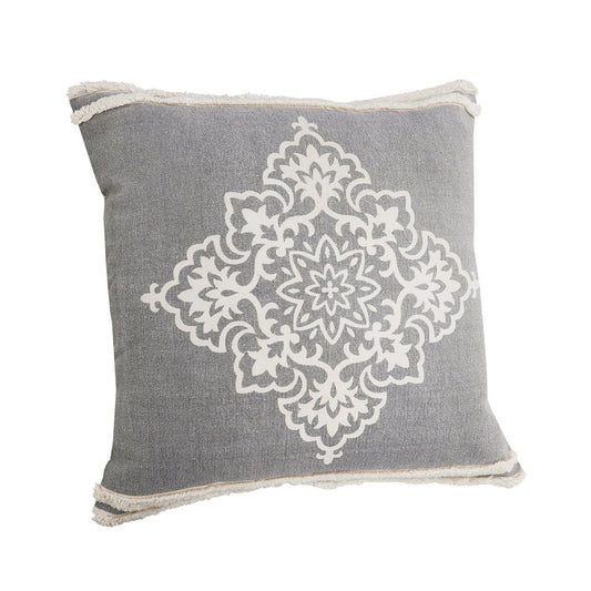 24" Gray And White Medallion Cotton Throw Pillow Cover with Texture