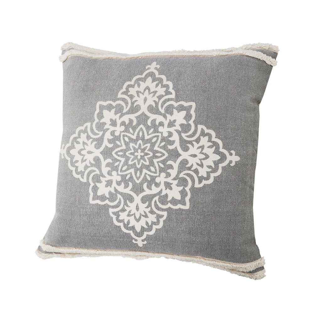 24" Gray And White Medallion Cotton Throw Pillow Cover with Texture