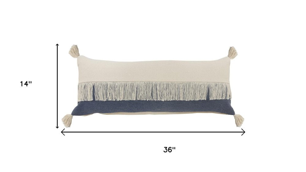 14" X 36" Blue And Ivory Lumbar Beach Striped Cotton Throw Pillow Cover