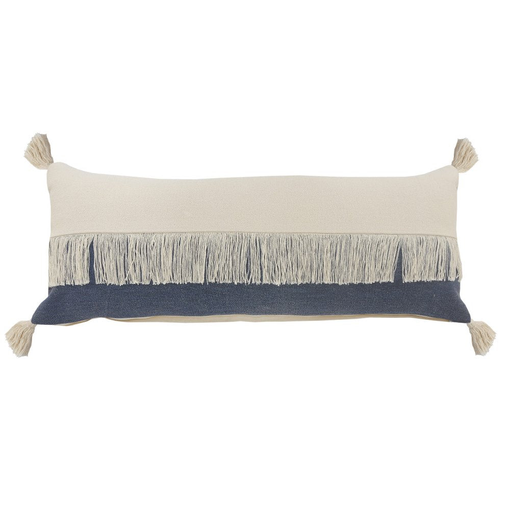 14" X 36" Blue And Ivory Lumbar Beach Striped Cotton Throw Pillow Cover