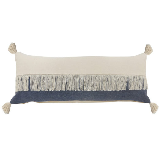 14" X 36" Blue And Ivory Lumbar Beach Striped Cotton Throw Pillow Cover