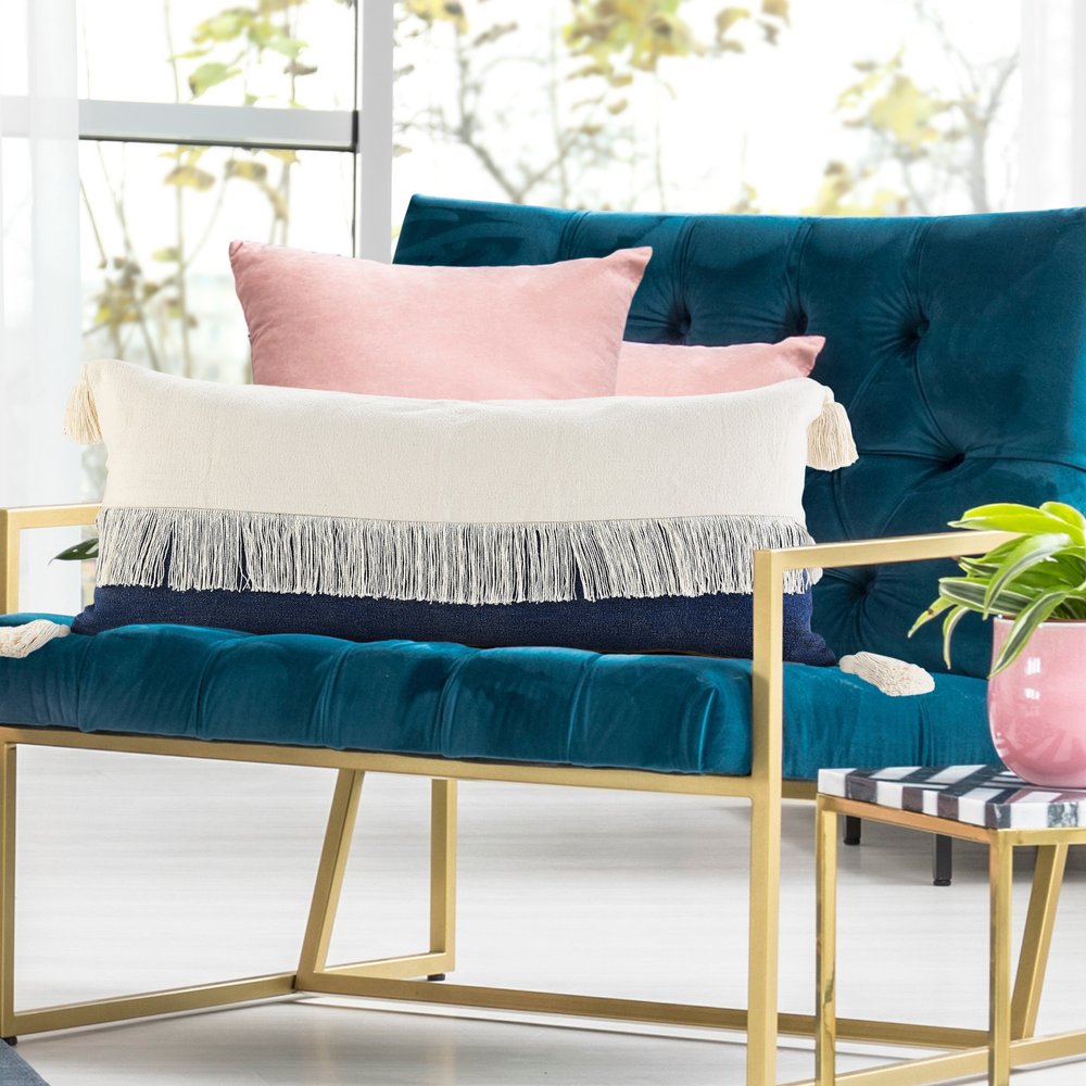 14" X 36" Blue And Ivory Lumbar Beach Striped Cotton Throw Pillow Cover