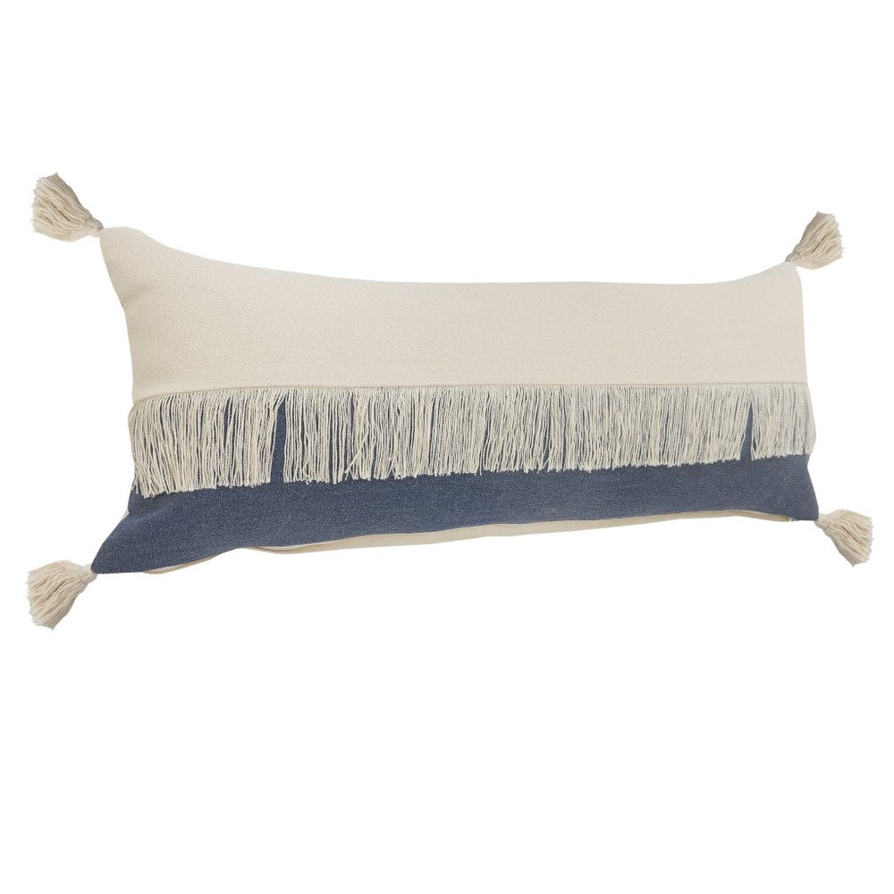 14" X 36" Blue And Ivory Lumbar Beach Striped Cotton Throw Pillow Cover