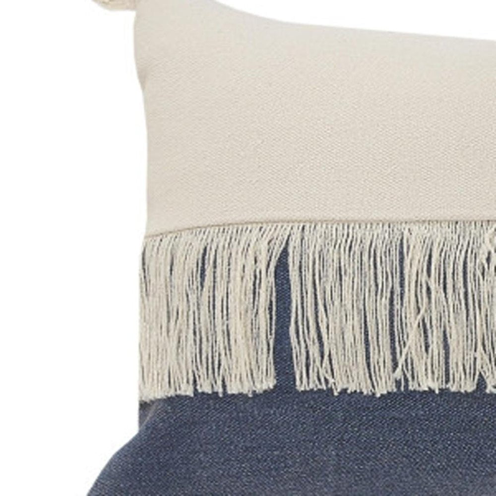 14" X 36" Blue And Ivory Lumbar Beach Striped Cotton Throw Pillow Cover