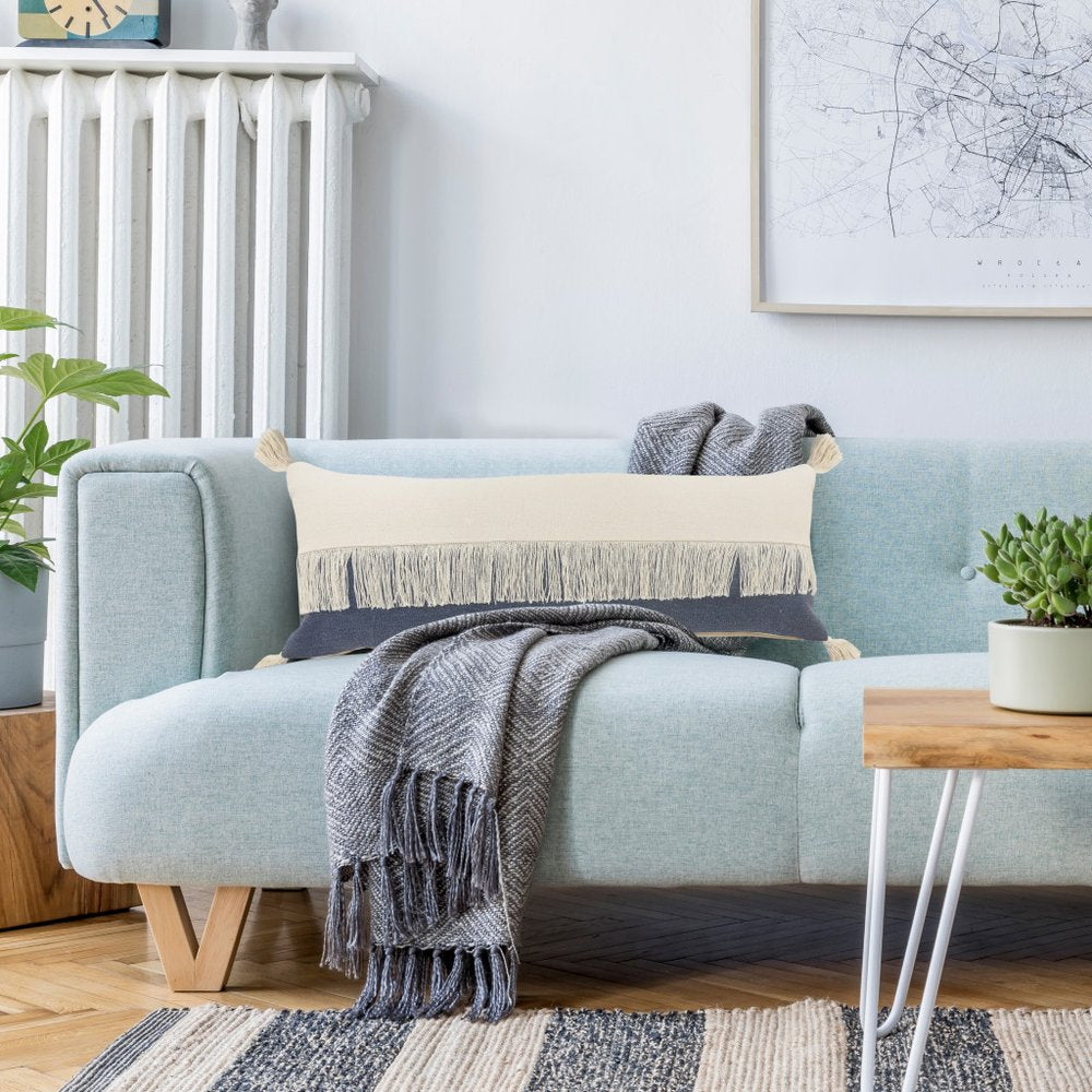 14" X 36" Blue And Ivory Lumbar Beach Striped Cotton Throw Pillow Cover