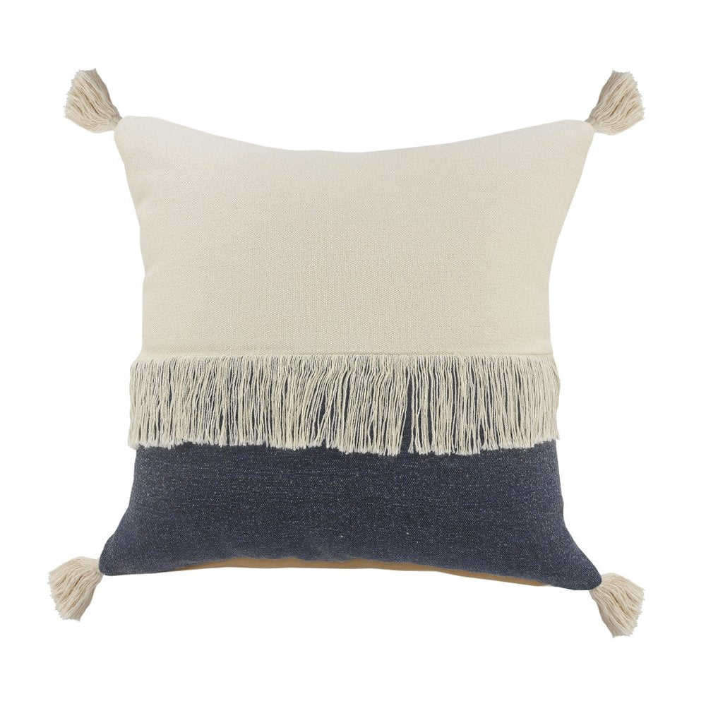20" Denim Blue And Off White Beach Cotton Throw Pillow Cover with Tassels