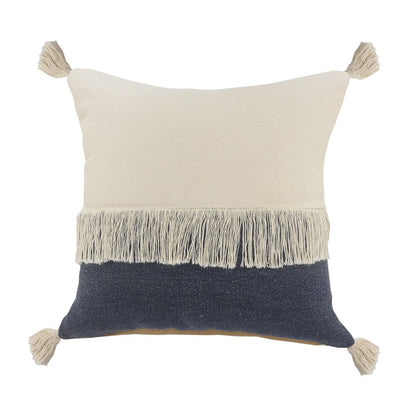 20" Denim Blue And Off White Beach Cotton Throw Pillow Cover with Tassels