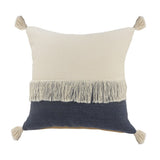 20" Denim Blue And Off White Beach Cotton Throw Pillow Cover with Tassels